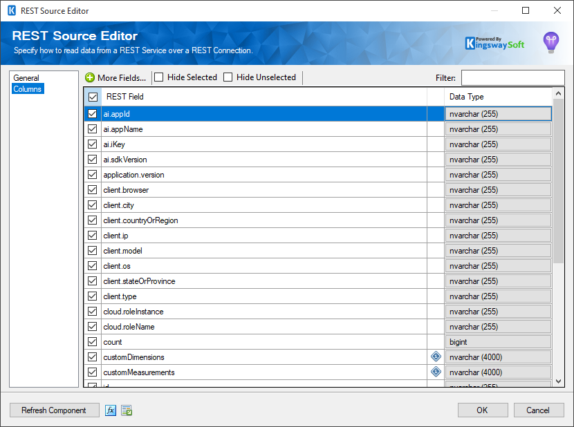 SSIS Azure Application Insights REST Source - Columns